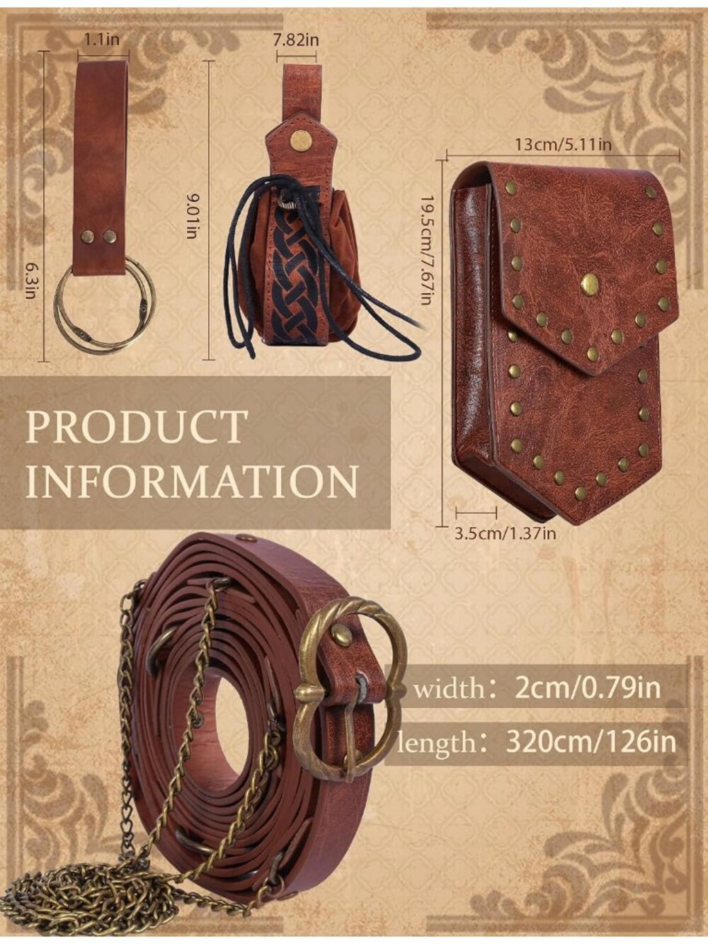 Women's Renaissance Brown Vintage Faux Medieval Waist Belt Leather Pouch Bag - Picture 3 of 6